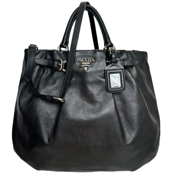 Prada Black Leather Shoulder Hand Bag Satchel Tote Soft Calf Skin Vintage - Picture 1 of 17
